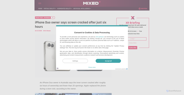 Security scan screenshot of https://mixed-news.com/en/iphone-duo-screen-cracked-six-hours-owner-report/