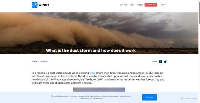Security scan screenshot of https://windy.app/textbook/what-is-the-dust-storm-and-how-does-it-work.html