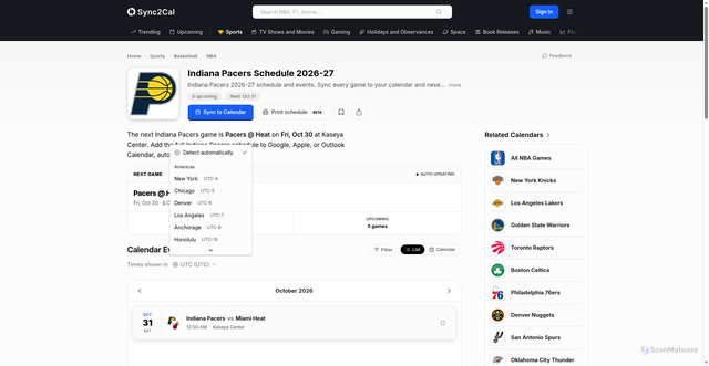 Security scan screenshot of https://www.sync2cal.com/sports/basketball/nba/indiana-pacers