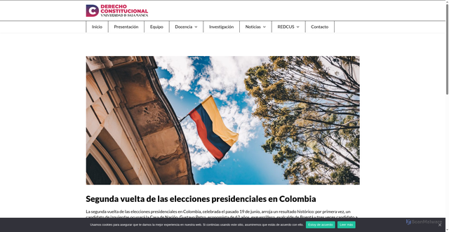 Security scan screenshot of https://d-constitucional-usal.com/segunda-vuelta-elecciones-presidenciales-en-colombia/