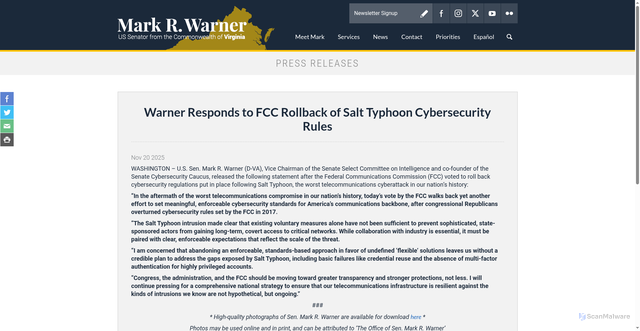 Security scan screenshot of https://www.warner.senate.gov/public/index.cfm/pressreleases?id=7C50C853-A391-4A47-9ABD-C7132654BF09