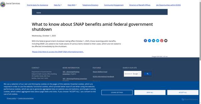 Security scan screenshot of https://www3.erie.gov/socialservices/press/what-know-about-snap-benefits-amid-federal-government-shutdown