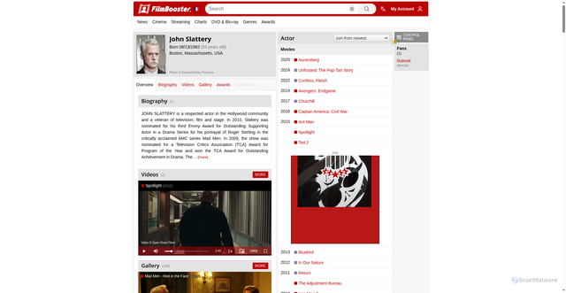 Security scan screenshot of https://www.filmbooster.fr/en/creator/14404-john-slattery/overview/