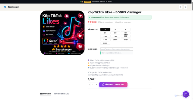 Security scan screenshot of https://boostkungen.se/product/kop-tiktok-likes/