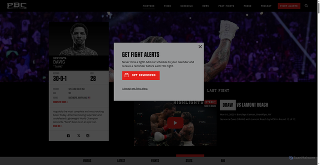 Security scan screenshot of https://www.premierboxingchampions.com/gervonta-davis