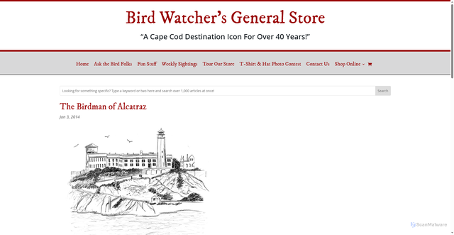 Security scan screenshot of https://www.birdwatchersgeneralstore.com/the-birdman-of-alcatraz/