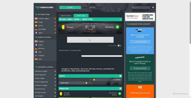 Security scan screenshot of https://www.turboscores.com/match/-63147/senegal-vs-mauritania