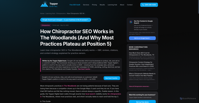 Security scan screenshot of https://topper-digital.pages.dev/learning-hub/chiropractors/how-does-chiropractor-seo-work-in-the-woodlands/