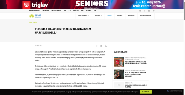 Security scan screenshot of https://www.tenis-slovenija.si/veronika-erjavec-s-finalom-na-kitajskem-najvisje-doslej/