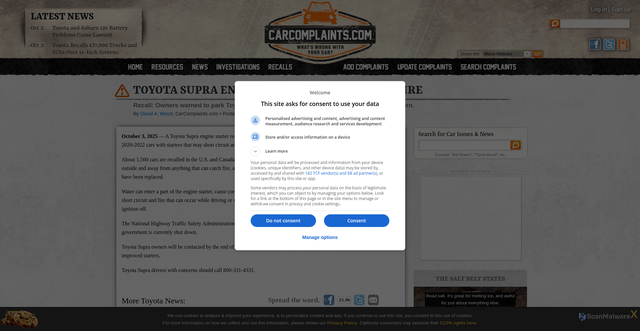 Security scan screenshot of https://www.carcomplaints.com/news/2025/toyota-supra-engine-starters-may-catch-fire.shtml