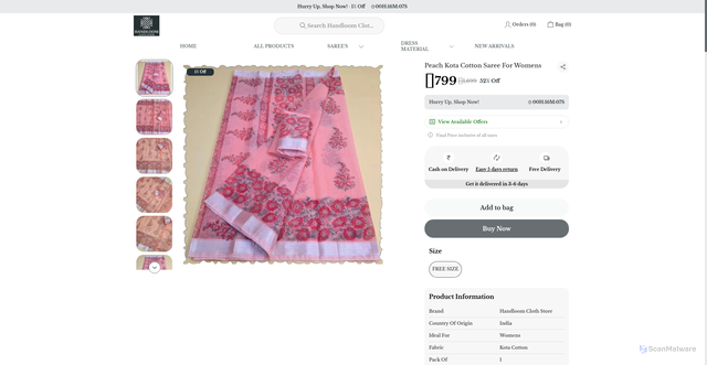 Security scan screenshot of https://handloomclothstore.com/Peach-Kota-Cotton-Saree-For-Womens/catalogue/SyyDalnJ/E2PwD6QO