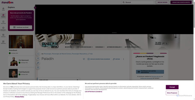 Security scan screenshot of https://doblaje.fandom.com/es/wiki/Palad%C3%ADn
