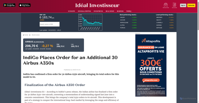 Security scan screenshot of https://www.ideal-investisseur.fr/en/stock-news/indigo-places-order-for-an-additional-30-airbus-a350s/8396.html