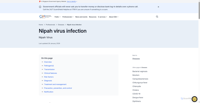 Security scan screenshot of https://www.cda.gov.sg/professionals/diseases/nipah-virus-infection/
