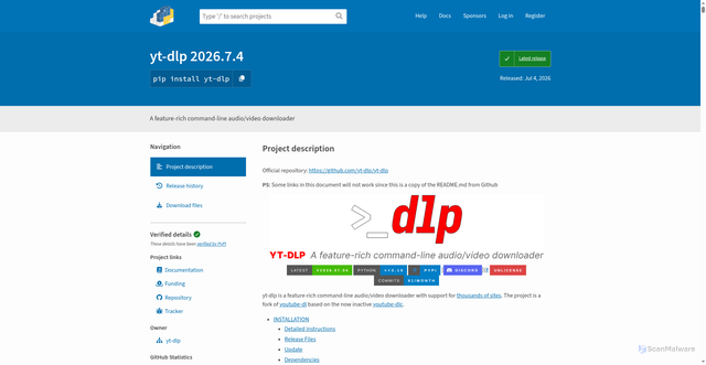 Security scan screenshot of https://pypi.org/project/yt-dlp/