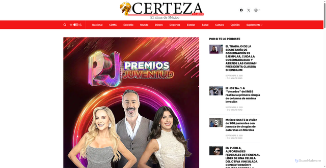 Security scan screenshot of https://certezadiario.com/premios-juventud-2026-vive-la-gran-fiesta-de-la-musica-por-canal-5-y-vix/