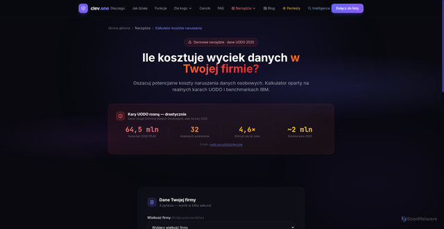 Security scan screenshot of https://clev-dsk.pages.dev/narzedzia/kalkulator-kosztow-naruszenia-danych/