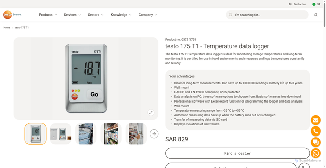 Security scan screenshot of https://www.testo.com/en-SA/testo-175-t1/p/0572-1751