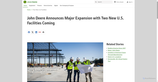 Security scan screenshot of https://www.deere.com/en/stories/featured/two-new-us-facilities/