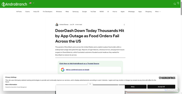 Security scan screenshot of https://www.androbranch.in/post/doordash-down-today-thousands-hit-by-app-outage-as-food-orders-fail-across-the-us