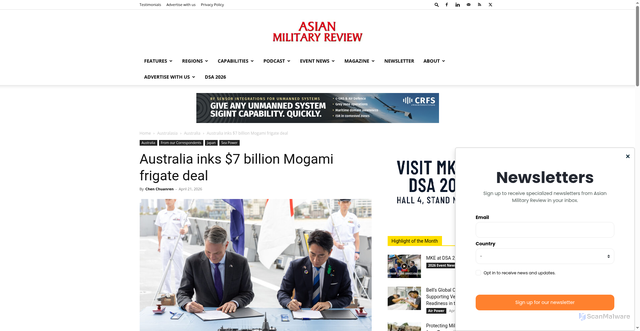 Security scan screenshot of https://www.asianmilitaryreview.com/2026/04/australia-inks-7-billion-mogami-frigate-deal-foc/