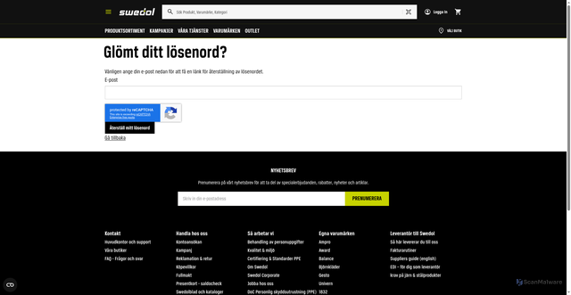 Security scan screenshot of https://www.swedol.se/customer/account/forgotpassword/?utm_source=voyado&utm_medium=Email&utm_campaign=%5Bse%5D+kunder+som+har+webbkonto+men+ej+loggat+in&eclub=cg0_LMeyCoXofLB7th2Q9Nw7qfgk2OWPnizVbJER4jMLZUbh3MEMo3l3n8zAN_iGIEDP-OYEs3v48GwGwS9frTyHc0vB1rAijjxnlDM-8vDHJ_r-sk_AtND-ntdHmyz6IY01Bfz0E8s2-UryOI9FgpRX3XMwDYZN5oij06xGuew2jy6HEcgPARxuUxncixZiaAr3B3fbVjkE30ToZ-6KjA
