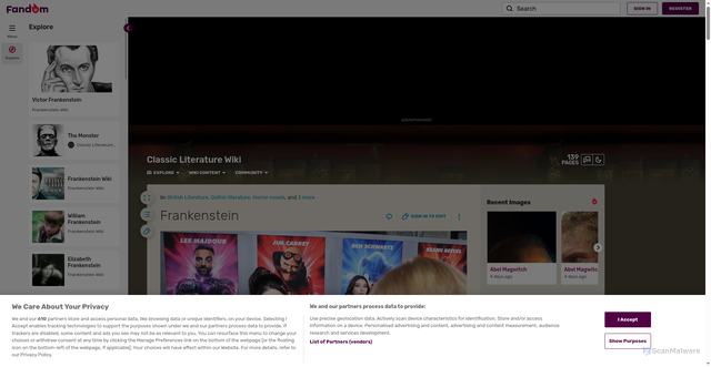 Security scan screenshot of https://classic-literature.fandom.com/wiki/Frankenstein
