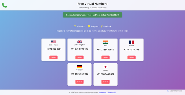 Security scan screenshot of https://free-number-otp.vercel.app/?id=6988768457