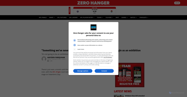 Security scan screenshot of https://www.zerohanger.com/something-weve-never-done-why-players-arent-treating-afl-origin-as-an-exhibition-172007/