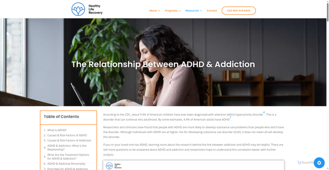 Security scan screenshot of https://healthyliferecovery.com/adhd-and-addiction/