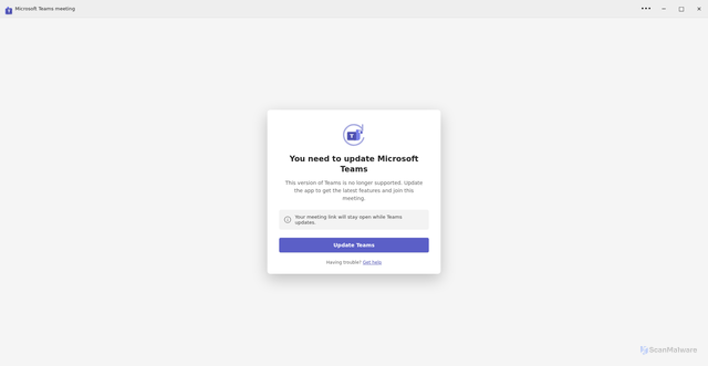 Security scan screenshot of https://teams-online.com/l/meetup-join/19:meeting_MDRhOTg4ZTAtYTcxOC00OGY5LWI2YmYtNjE4N2U0YjQ2ZWY3@thread.v2/0?errorCode=CLIENT_UPDATE_REQUIRED