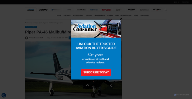 Security scan screenshot of https://www.aviationconsumer.com/used-aircraft-guide/piper-pa-46-malibu-mirage-matrix/