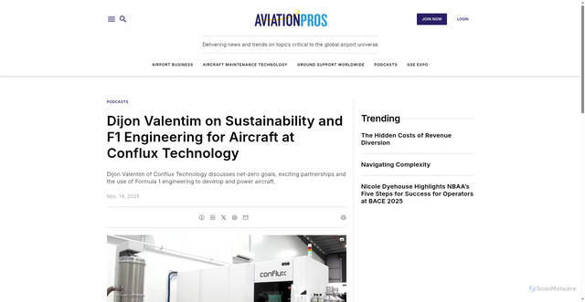 Security scan screenshot of https://www.aviationpros.com/podcasts/podcast/55327999/dijon-valentim-on-sustainability-and-f1-engineering-for-aircraft-at-conflux-technology