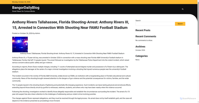 Security scan screenshot of https://bangordailyblog.name.ng/anthony-rivers-tallahassee-florida-shooting-arrest-anthony-rivers-iii-15-arrested-in-connection-with-shooting-near-famu-football-stadium/