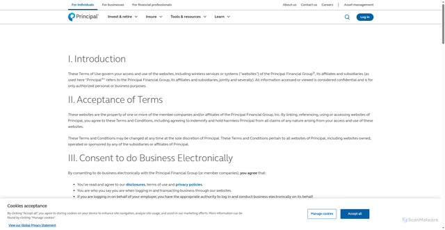 Security scan screenshot of https://www.principal.com/terms-of-use