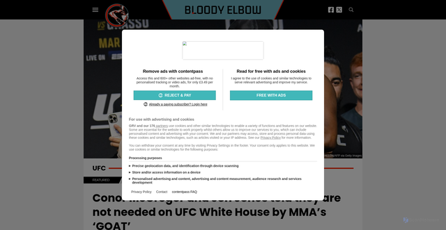 Security scan screenshot of https://bloodyelbow.com/2025/10/07/conor-mcgregor-and-jon-jones-told-they-are-not-needed-on-ufc-white-house-by-mmas-goat/