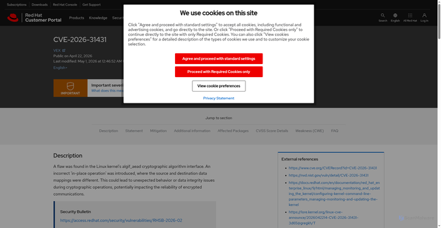Security scan screenshot of https://access.redhat.com/security/cve/cve-2026-31431