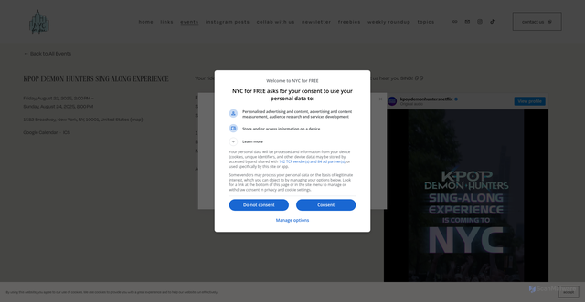 Security scan screenshot of https://www.nycforfree.co/events/kpop-demon-hunters-sing-along-experience