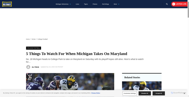 Security scan screenshot of https://gobluedetroit.com/2025/11/20/5-things-to-watch-for-when-michigan-takes-on-maryland/