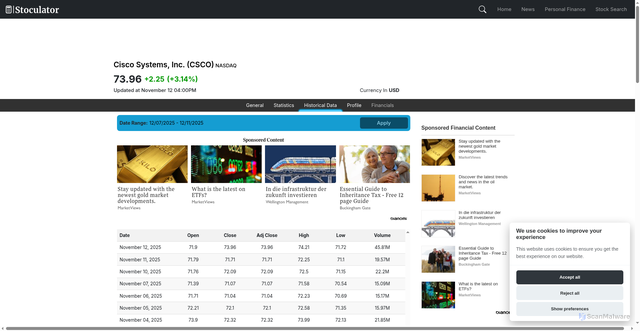 Security scan screenshot of https://www.stoculator.com/stock/CSCO/historical