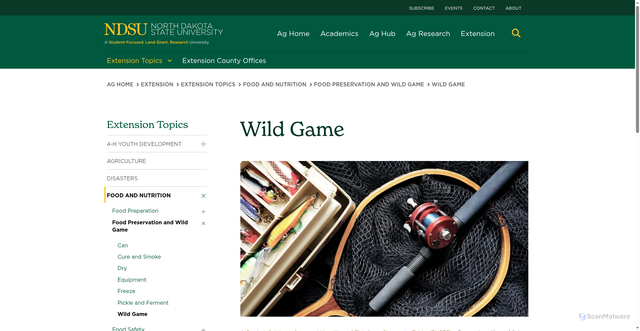 Security scan screenshot of https://www.ndsu.edu/agriculture/extension/extension-topics/food-and-nutrition/food-preservation-and-wild-game/wild-game