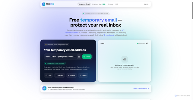Security scan screenshot of https://www.temporaryemail.cc/