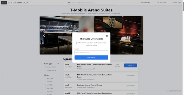 Security scan screenshot of https://www.suiteexperiencegroup.com/tmobile-arena-suites/venue/201