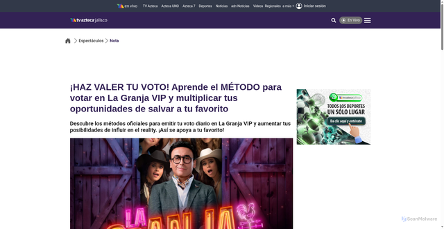 Security scan screenshot of https://www.aztecajalisco.com/espectaculos/como-votar-en-la-granja-vip-y-multiplicar-tus-oportunidades-apoyar-a-los