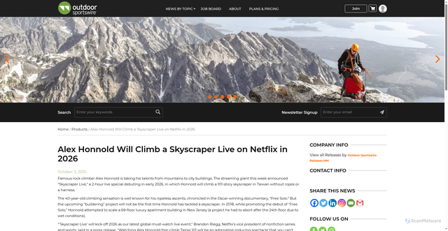 Security scan screenshot of https://www.outdoorsportswire.com/alex-honnold-will-climb-a-skyscraper-live-on-netflix-in-2026/