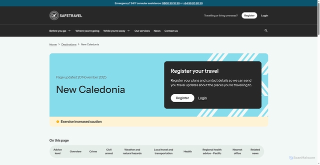 Security scan screenshot of https://www.safetravel.govt.nz/destinations/new-caledonia
