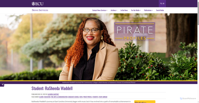 Security scan screenshot of https://news.ecu.edu/2025/12/02/student-rasheeda-waddell/