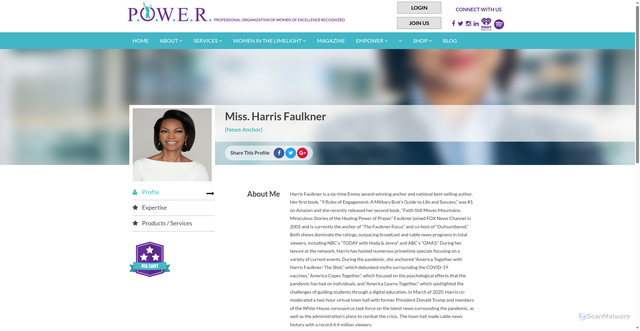 Security scan screenshot of https://members.powerwoe.com/member/profile/harris-faulkner