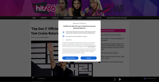 Security scan screenshot of https://www.hits96.com/top-gun-3-officially-in-the-works-with-tom-cruise-returning/