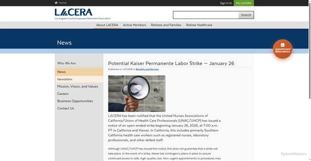 Security scan screenshot of https://www.lacera.gov/who-we-are/news/potential-kaiser-permanente-labor-strike-january-26
